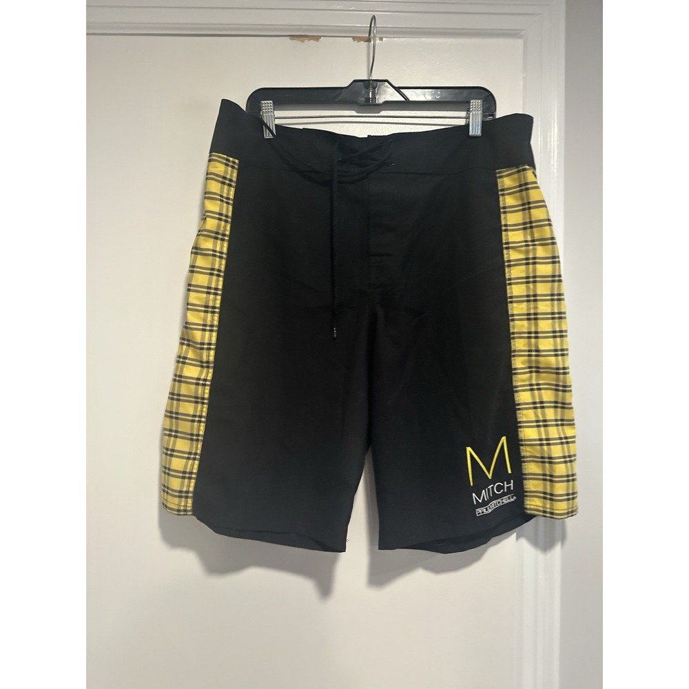 Paul Mitchell Mitch Plaid Board Shorts Sz: XL Black Yellow Surf Swim Trunks